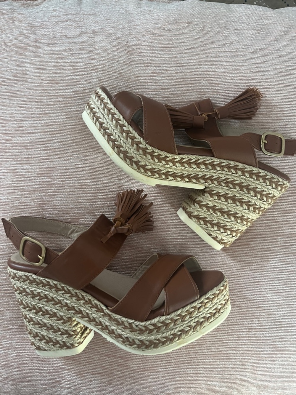 Sesto Meucci Brown Leather Platform Espadrille Sandals with Tassel